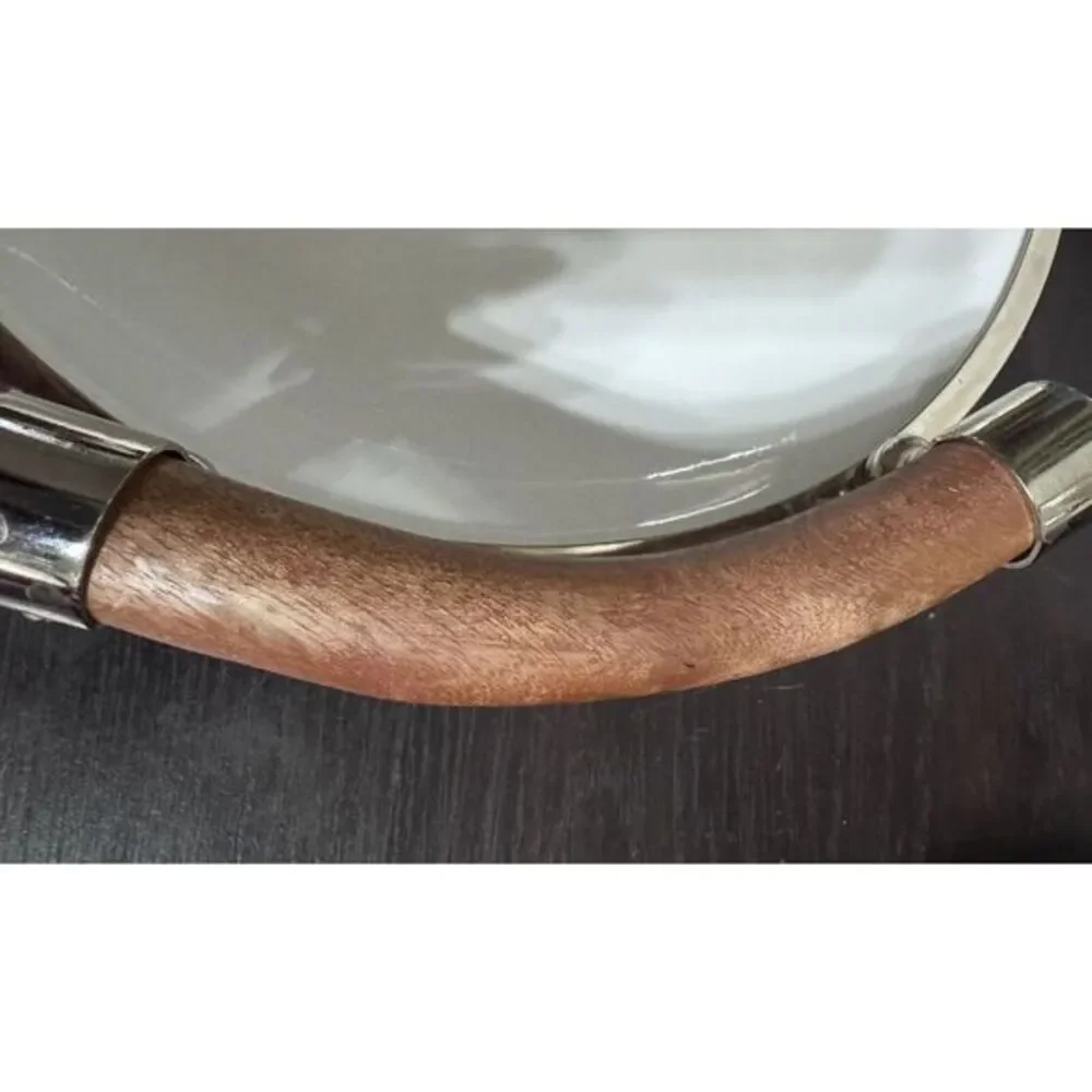 Set‎ Of Two White Ceramic Salad Trys With Wooden Handles And Chrome Rims.